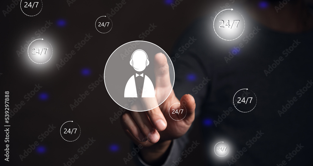 Poster technical support icons 24.7 on a virtual screen.