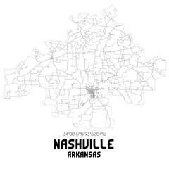 Nashville Arkansas. US street map with black and white lines.