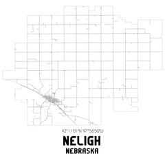 Neligh Nebraska. US street map with black and white lines.