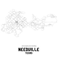 Needville Texas. US street map with black and white lines.