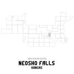 Neosho Falls Kansas. US street map with black and white lines.