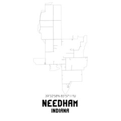 Needham Indiana. US street map with black and white lines.