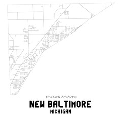 New Baltimore Michigan. US street map with black and white lines.