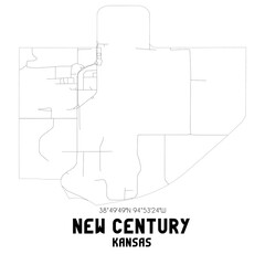 New Century Kansas. US street map with black and white lines.