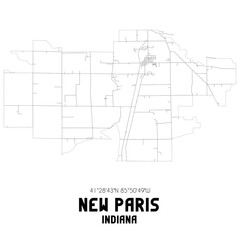 New Paris Indiana. US street map with black and white lines.
