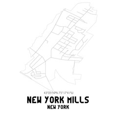 New York Mills New York. US street map with black and white lines.