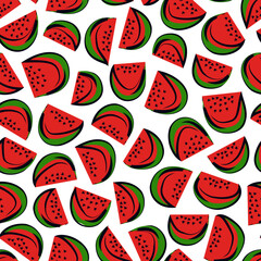 Red ripe juicy watermelon pieces seamless pattern. Summer fruits slices freehand background. Hand drawn simple ornament. Sketch, doodle style funny print