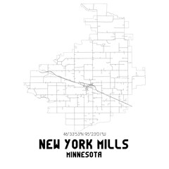 New York Mills Minnesota. US street map with black and white lines.