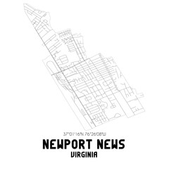 Newport News Virginia. US street map with black and white lines.