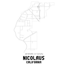 Nicolaus California. US street map with black and white lines.