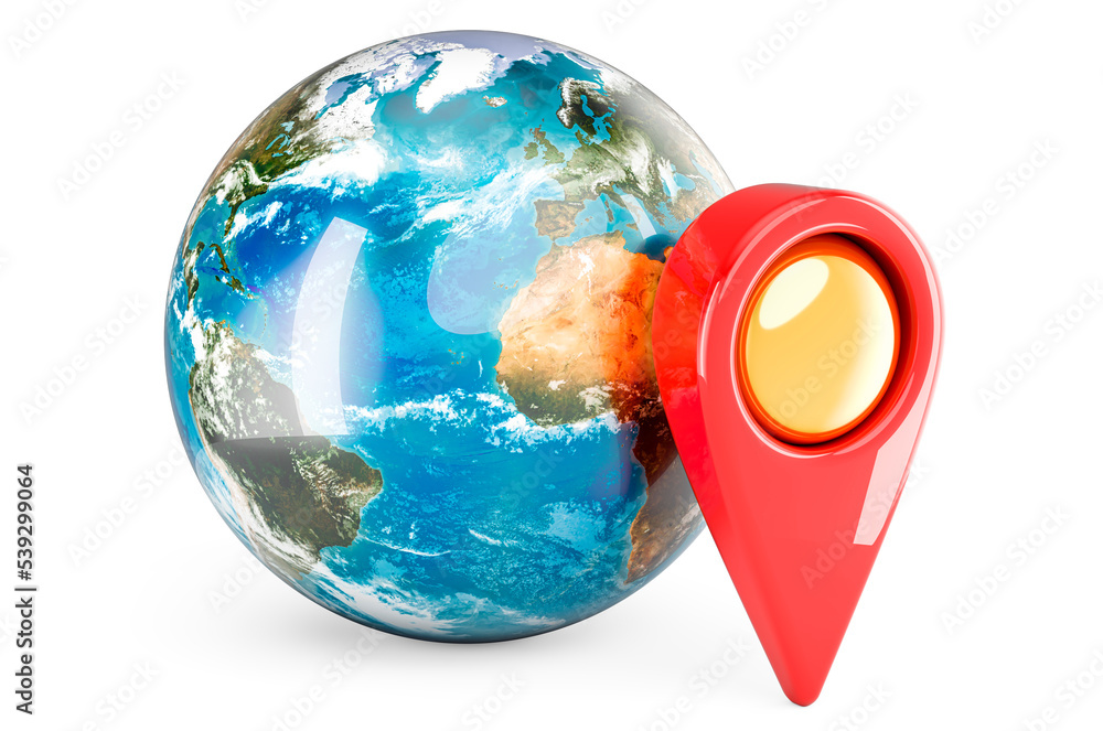Poster earth globe with map pointer, 3d rendering
