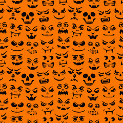 Funny monsters seamless pattern. Halloween holiday character silhouettes background. Vampires, skeletons, demons stencil