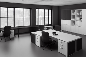 Office room with furniture for employees. Office room mockup with tables and chairs. Open space interior for office workers.  For the placement of corporate attributes of the company. 3D office render