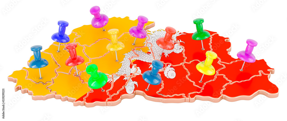 Poster map of bhutan with colored push pins, 3d rendering