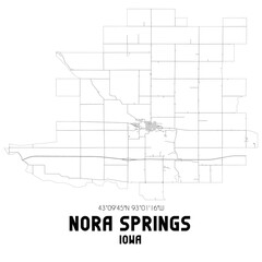 Nora Springs Iowa. US street map with black and white lines.