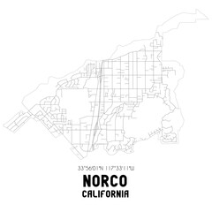 Norco California. US street map with black and white lines.
