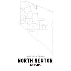 North Newton Kansas. US street map with black and white lines.