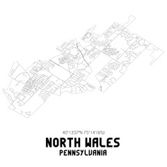 North Wales Pennsylvania. US street map with black and white lines.