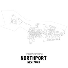 Northport New York. US street map with black and white lines.