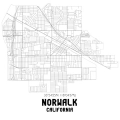 Norwalk California. US street map with black and white lines.