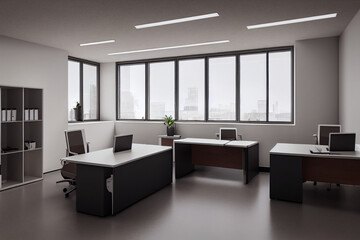 Fototapeta na wymiar Office interior with furniture and paraphernalia. Office mockup with table and chairs, open space room for the placement of corporate attributes of the company. 3D 
