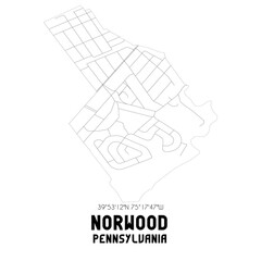 Norwood Pennsylvania. US street map with black and white lines.