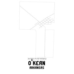 O'Kean Arkansas. US street map with black and white lines.
