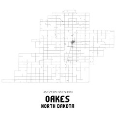 Oakes North Dakota. US street map with black and white lines.
