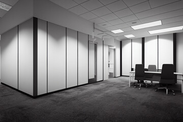 Office room with furniture for employees. Office room mockup with tables and chairs. Open space interior for office workers.  For the placement of corporate attributes of the company. 3D office render