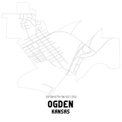 Ogden Kansas. US street map with black and white lines.