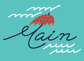 Storm wind with rain. The umbrella is blown away by the wind. Calligraphic text for printing on textiles. Wavy lines imitating waves. Illustration in cartoon style.