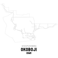 Okoboji Iowa. US street map with black and white lines.