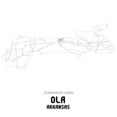 Ola Arkansas. US street map with black and white lines.