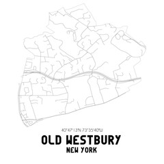 Old Westbury New York. US street map with black and white lines.