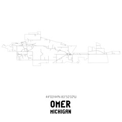 Omer Michigan. US street map with black and white lines.