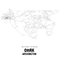 Omak Washington. US street map with black and white lines.