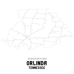 Orlinda Tennessee. US street map with black and white lines.