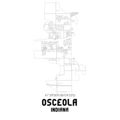 Osceola Indiana. US street map with black and white lines.