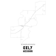 Oxly Missouri. US street map with black and white lines.