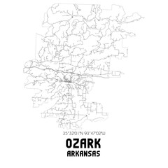 Ozark Arkansas. US street map with black and white lines.
