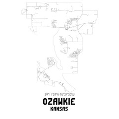Ozawkie Kansas. US street map with black and white lines.
