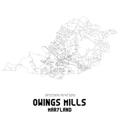 Owings Mills Maryland. US street map with black and white lines.