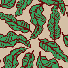 Nature seamless vector pattern with hand drawn twig, tree branch with leaves, tropical summer time. Ecological rural theme for poster print, wrapping paper, wallpaper, clothes textile, fabric design.