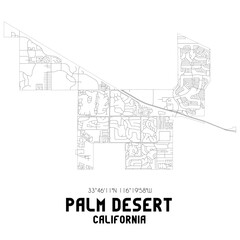 Palm Desert California. US street map with black and white lines.