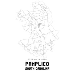 Pamplico South Carolina. US street map with black and white lines.
