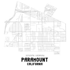 Paramount California. US street map with black and white lines.