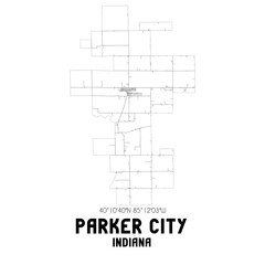 Parker City Indiana. US street map with black and white lines.