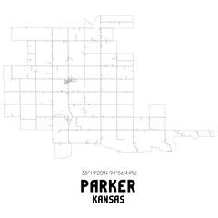 Parker Kansas. US street map with black and white lines.
