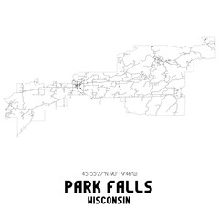 Park Falls Wisconsin. US street map with black and white lines.
