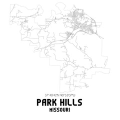 Park Hills Missouri. US street map with black and white lines.